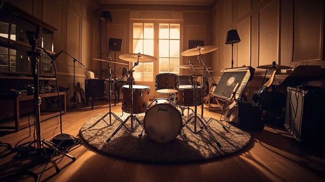 the drum kit and sticks are sitting in a room setting. Generative Ai