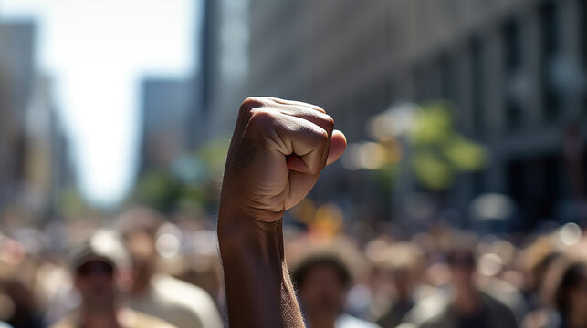 A raised fist of a protestor at a political demonstration. Generative Ai
