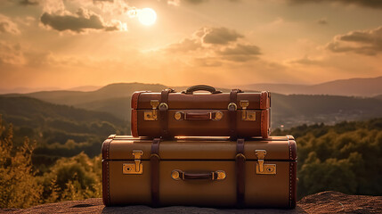 Vintage travel valises with leather. Generative Ai