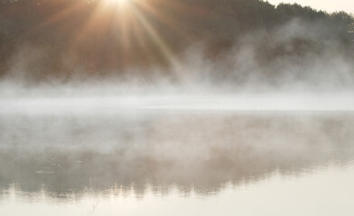 Sunny background of misty forest lake