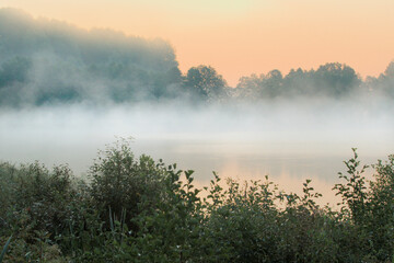 Background with foggy forest lake