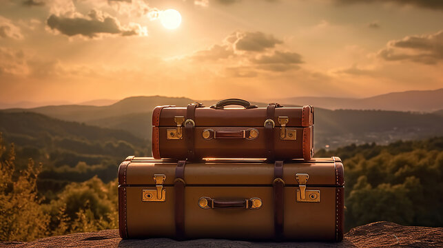 Vintage travel valises with leather. Generative Ai