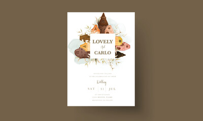 invitation card template with hand drawn vintage house and leaves