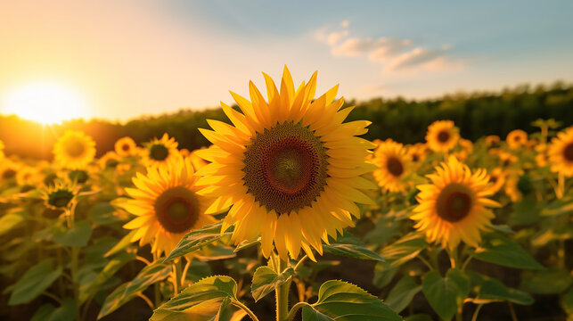 field of sunflowers and sun. Generative Ai © PRI