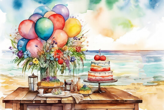 Birthday party table with holiday cake and balloons. Happy Birthday concept Post processed AI generated image.