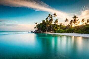 Pristine beach with crystal-clear turquoise water and palm trees