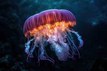 A lone jellyfish drifts serenely through sea, translucent body glow upon surrounding waters