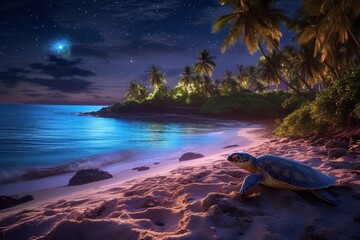 Sea turtle nesting beach under a starlit sky