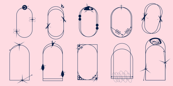 Aesthetic Frame minimal element set. Y2k graphic shape with star and line. Aesthetic vecor illustration. Geometric arch for modern design. Mid Centure style