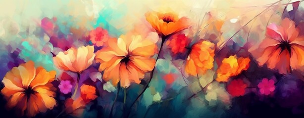 Obraz na płótnie Canvas An illustration of colorful flowers as a panorama background. Created with Generative AI technology