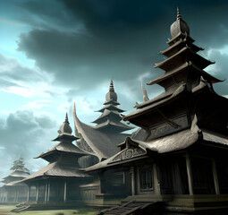 Fototapeta premium illustration of the kingdom of sriwijaya, the main building of the kingdom, the citizens of the kingdom