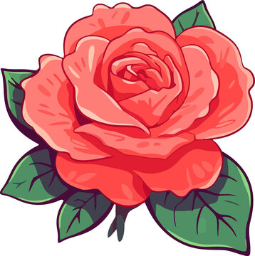 recommend clip art: red rose with green leaf, cartoon illustration