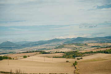 Harvested wheat fields on the Way of Saint James Camino de Santiago before Los Arcos,Navarre, Spain