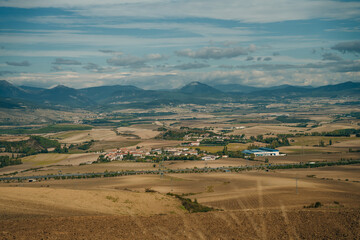 Harvested wheat fields on the Way of Saint James Camino de Santiago before Los Arcos,Navarre, Spain