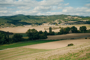 Harvested wheat fields on the Way of Saint James Camino de Santiago before Los Arcos,Navarre, Spain
