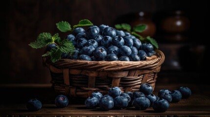 Closeup Fresh Blueberry fruits in a bamboo basket with blur background and good view