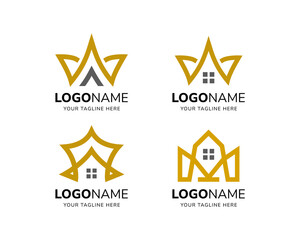 Obraz premium Vector real estate logo set. Crown and house roof and window with gold line style icon logo design template