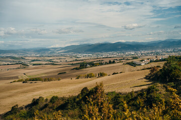 Harvested wheat fields on the Way of Saint James Camino de Santiago before Los Arcos,Navarre, Spain