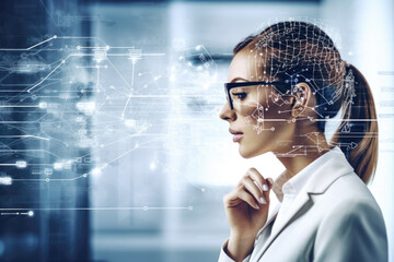 Smart Female Doctor Scientist Pondering Thinking Looking Technology Futuristic Experiment Brain Activity Healthcare Hospital Generative AI