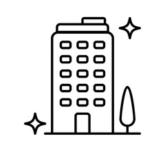 Office building business and finance icon with black outline style. warehouse, commercial, concept, web, thin, contour, flat. Vector Illustration