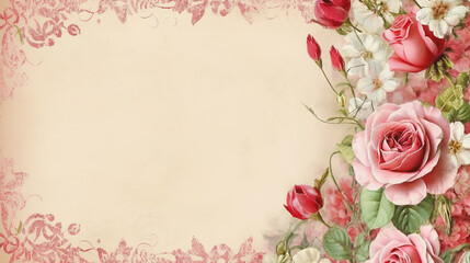 Grunge floral background with pink roses and leaves. Vintage style. Generative AI