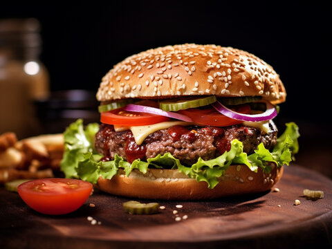 Mouthwatering Hamburger On A Wooden Cutting Board