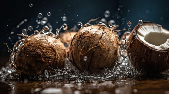 Coconut fruits hit by splashes of water with black blur background