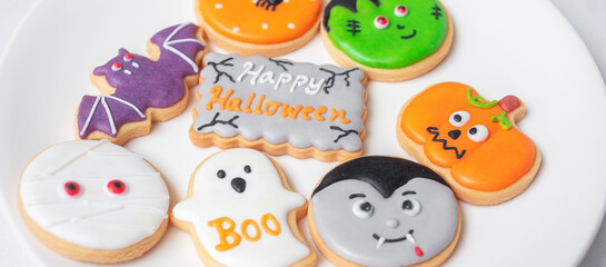 Happy Halloween with funny Cookies; Pumpkin, scary ghost, spooky mummy, bat, frankenstein, dracula and spider. Trick or Threat, Hello October, fall autumn, Traditional, party and holiday concept