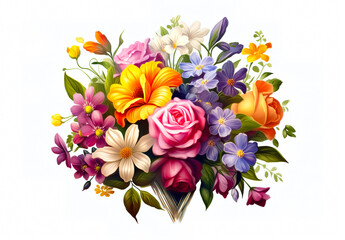 Bouquet of flowers isolated on white background. Hand-drawn illustration. Generative AI 