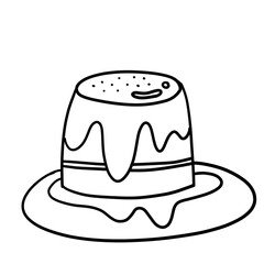 Delicious pudding on a plate Top with chocolate icing.