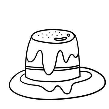 Delicious pudding on a plate Top with chocolate icing.