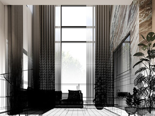 cozy  living room  interior design, 3d rendering wire frame