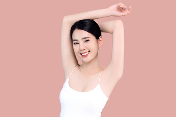 Beautiful young Asian girl lifting hand up to shows off clean and clear armpit or underarms...
