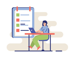 Productive worker sitting at table and working at laptop, successfully perform duties. Increasing productivity in business. Productive planning and working. Vector flat illustration