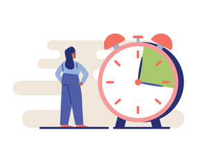 Female standing near big clock and looking at time. Successfully time management concept. Counting time and waiting for events. Flat vector illustration in blue and red colors