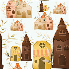 hand drawn vintage house and leaves watercolor seamless pattern