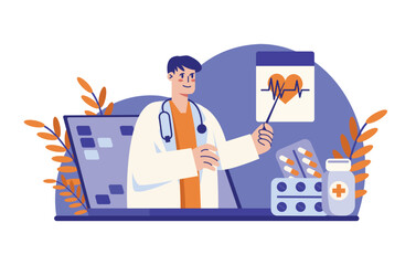Male doctor in white coat pointing to heart chart and providing online medical help. Professional online medicine. Modern healthcare services via video call meeting. Vector flat illustration