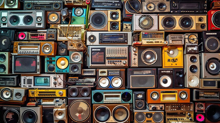 Vintage wall full of radio boombox of the 80s. Generative Ai