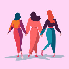 Three women holding hands. Ladies walk together. Vector illustration.