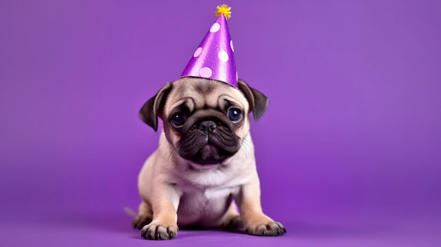 Puppy pug in birthday cap. Generative AI. - Powered by Adobe