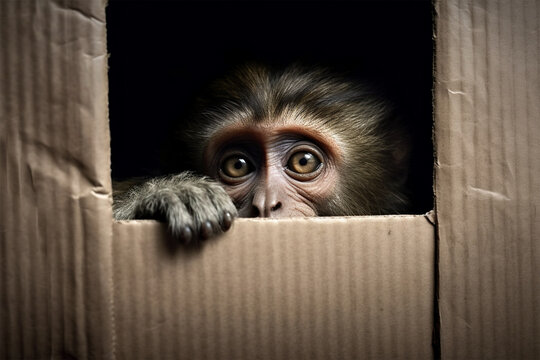 a monkey hiding in a box
