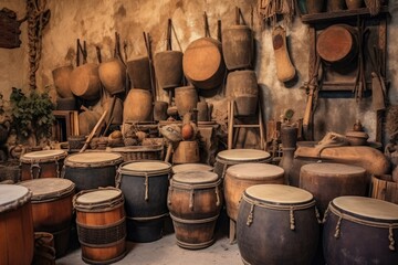 Collection of ancient vintage wooden drums. Oriental musical instruments. Generative AI - obrazy, fototapety, plakaty
