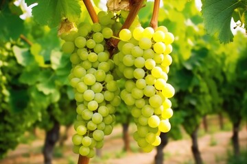 Naklejka premium Grapes hanging from lush green vine at vineyard. Generative AI