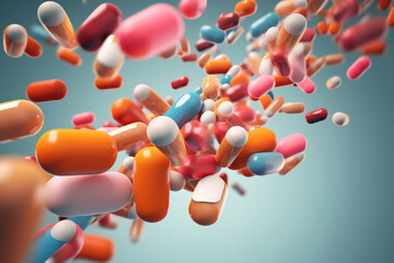Levitating multi-colored medicines, close-up of capsule pills pharmaceutics and medicine