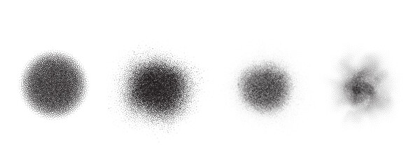 Spray circles gradient noise. Dotted rounds with grunge textured effect. Circular stipple brushed shapes. Grainy blurred vector drips.