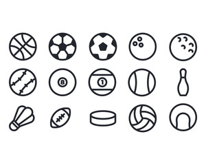 Vector sports flat line icons. Balls for all sports (soccer, volleyball, basketball, hockey, golf, badminton). Simple minimalist ball icons for different sports.