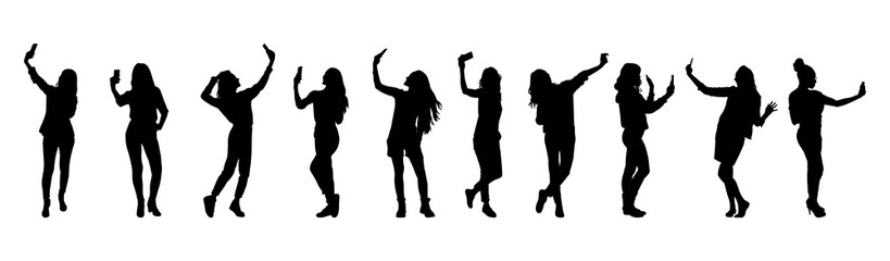 Women taking selfie and talking on mobile phone. Set of women taking selfie silhouette vector illustration.