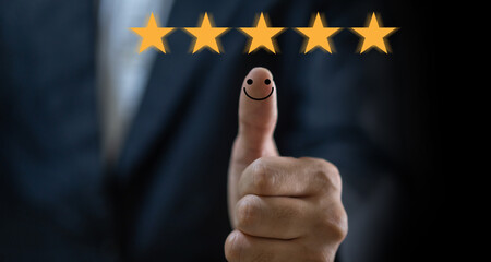 Human show thumb up emotion smile, give feedback icon satisfaction survey, five star, customer, satisfaction, review, feedback, service excellent, Quality assurance 5 star, positive, customer service