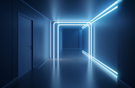 blank room with blue lights in the door, in the style of light indigo and light gray