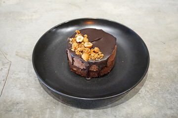 Chocolate mousse cake. Belgium chocolate mousse cake, selective focus